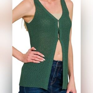 Zenana Outfitters Dark Green Knit V-Neck Hook and Eye Vest